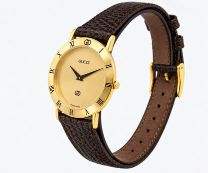 1990s Gucci 3000M Champagne Dial Brown Leather Strap Watch(1511-GUC-L). LWM864 | O/S, Brown