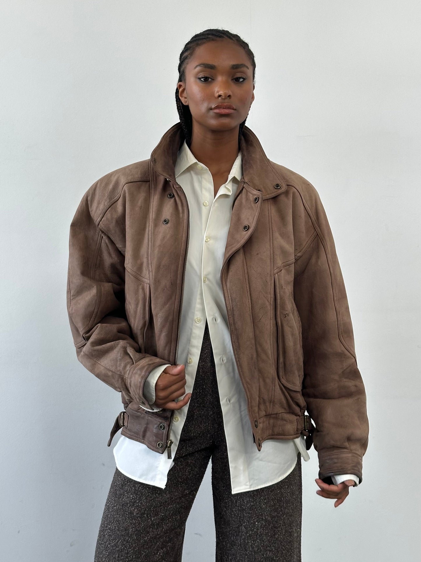 Vintage 1990s High Neck Aged Leather Bomber Jacket - L