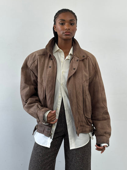 Vintage 1990s High Neck Aged Leather Bomber Jacket - L