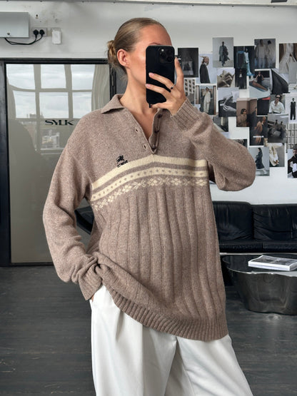 Burberry 1990s Wool Fair Isle Logo Polo Jumper - XL
