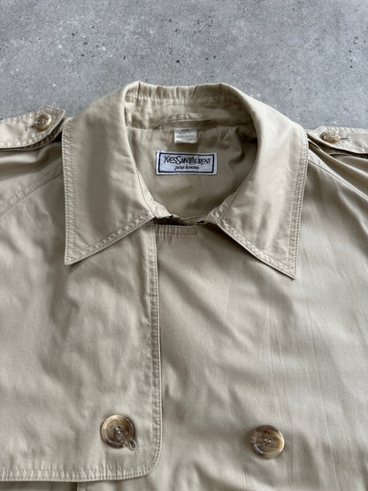 Yves Saint Laurent Pour Homme 1980s Cotton Double Breasted Belted Trench Coat - XXL