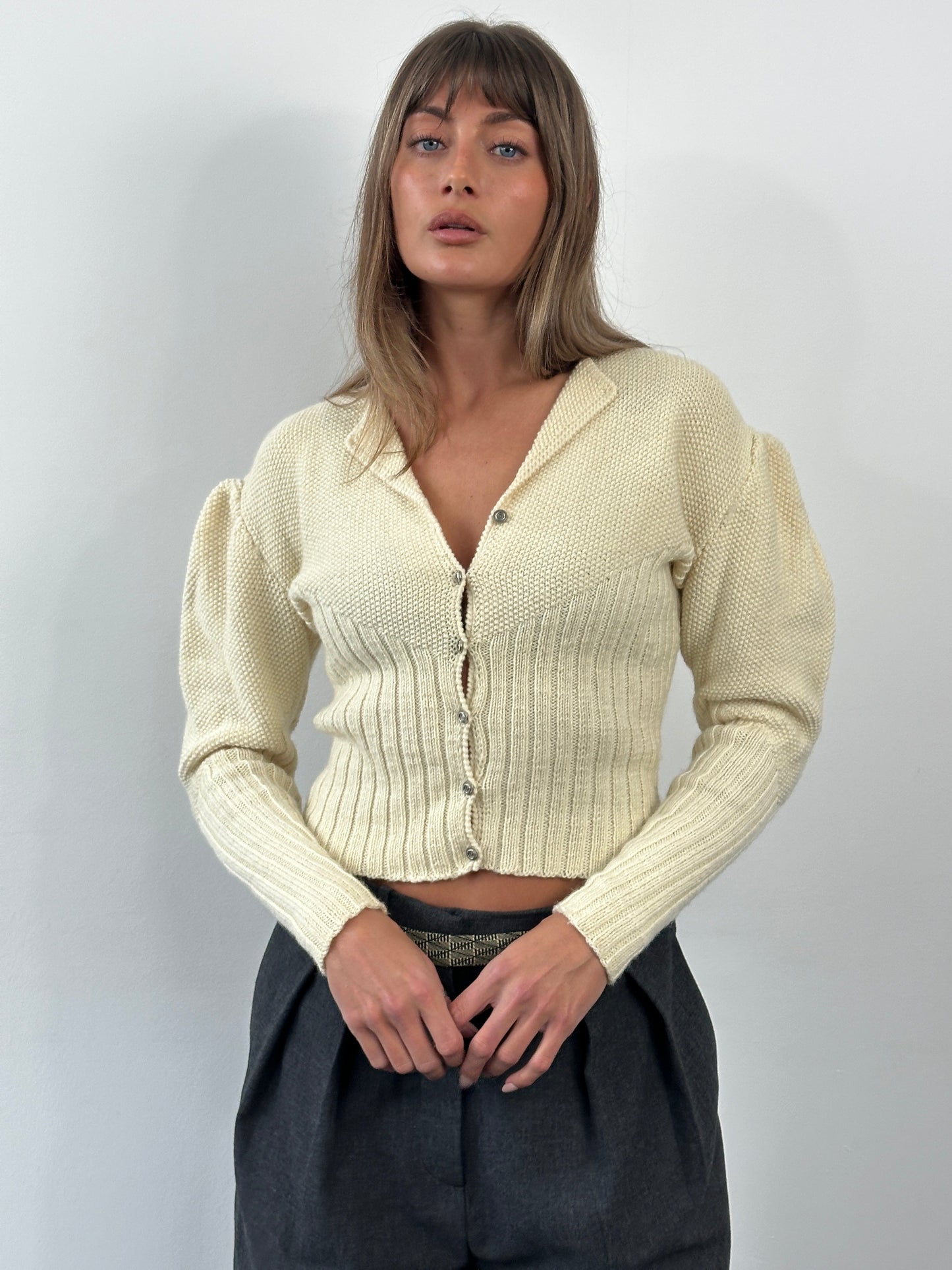 Vintage 1980s Wool Puff Sleeve Knitted Cardigan - S/M