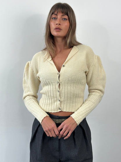 Vintage 1980s Wool Puff Sleeve Knitted Cardigan - S/M