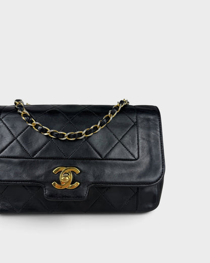 1980s Vintage Chanel Black Lambskin Diana Square Single Flap Bag 24K GHW | O/S, Multicoloured