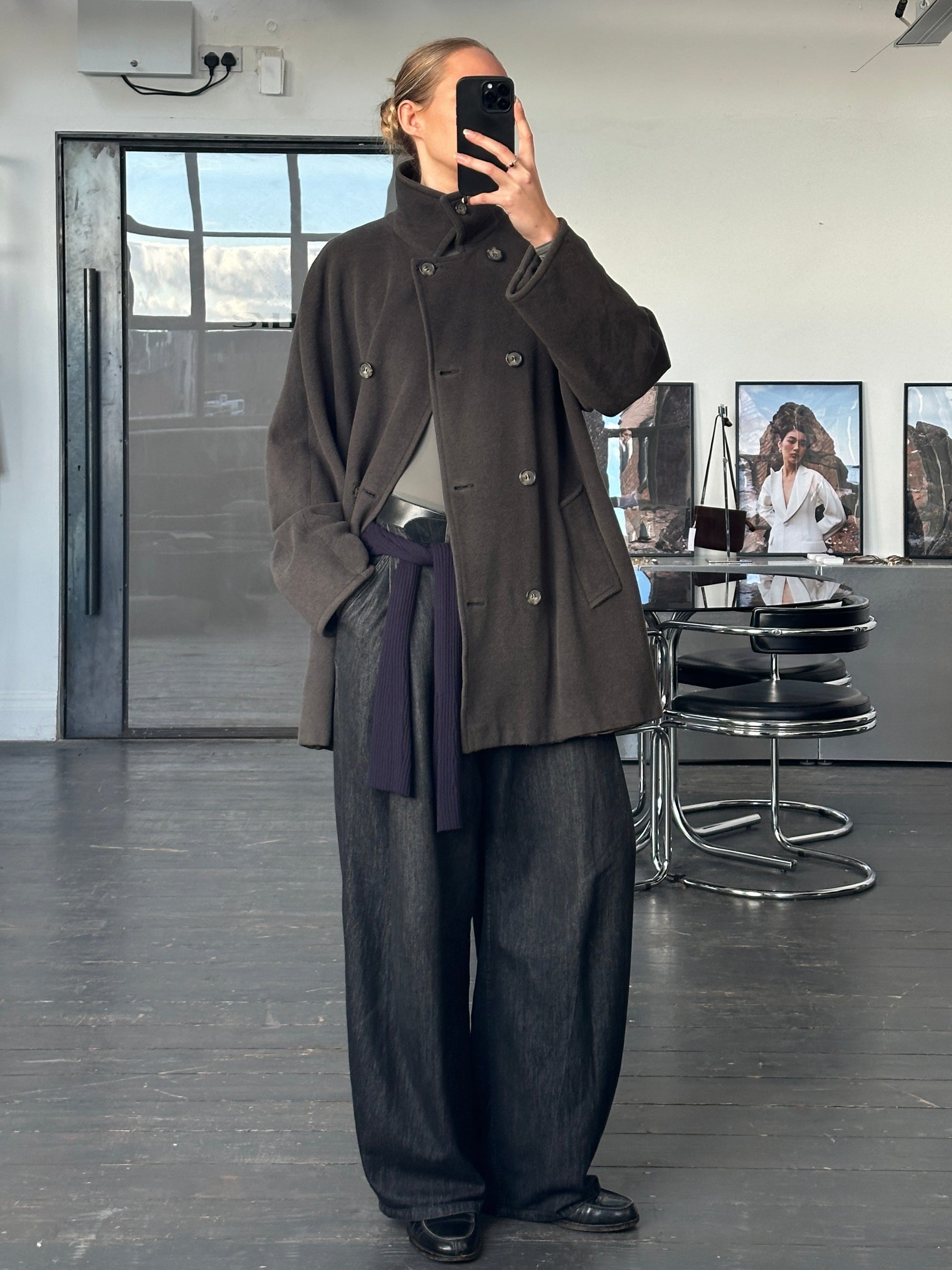 Marella 1990s virgin wool double-breasted coat in size L/XL, stylish and warm outerwear with classic design and tailored fit.