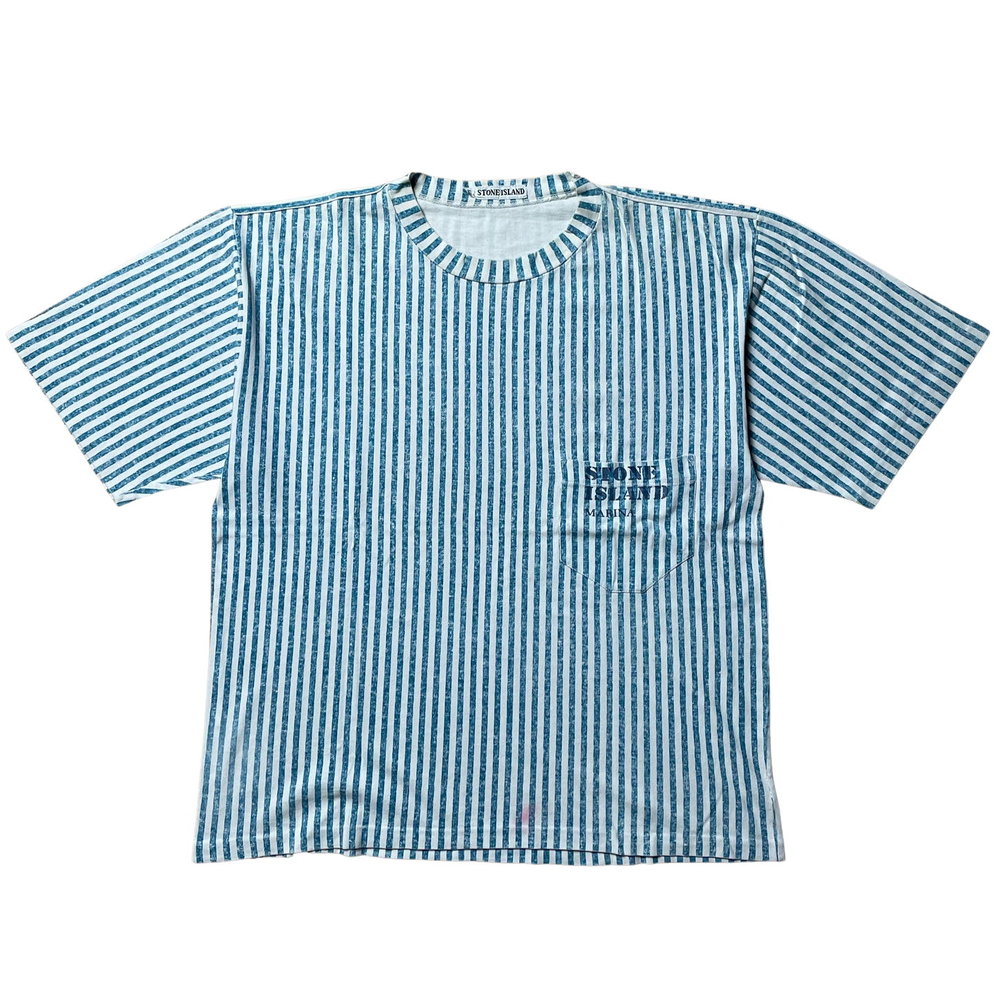 S/S 1984 Aqua Blue & White Vertical Stripe Pocket Spell out T-shirt