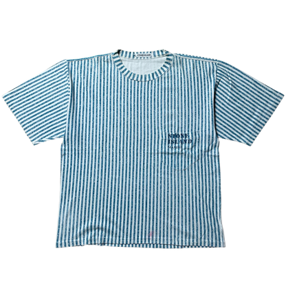 S/S 1984 Aqua Blue & White Vertical Stripe Pocket Spell out T-shirt