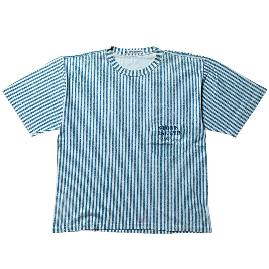 S/S 1984 Aqua Blue & White Vertical Stripe Pocket Spell out T-shirt