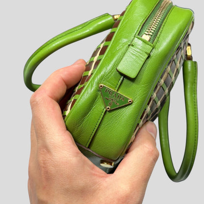 Prada 2001 Mini Top Handle Leather Woven Bag + Cards & Dustbag | O/S, Green