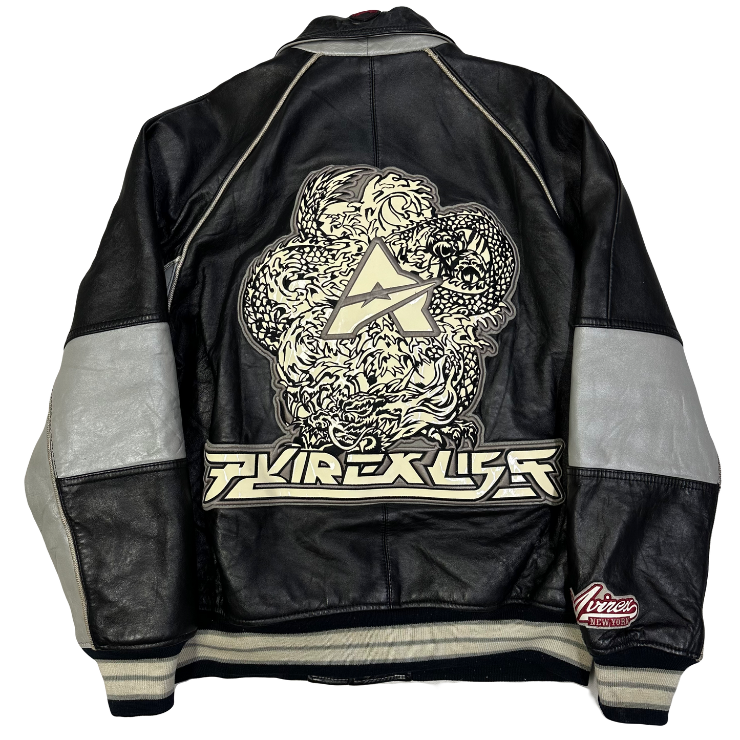 Avirex Spellout Dragon Leather Jacket In Black & Grey ( M )