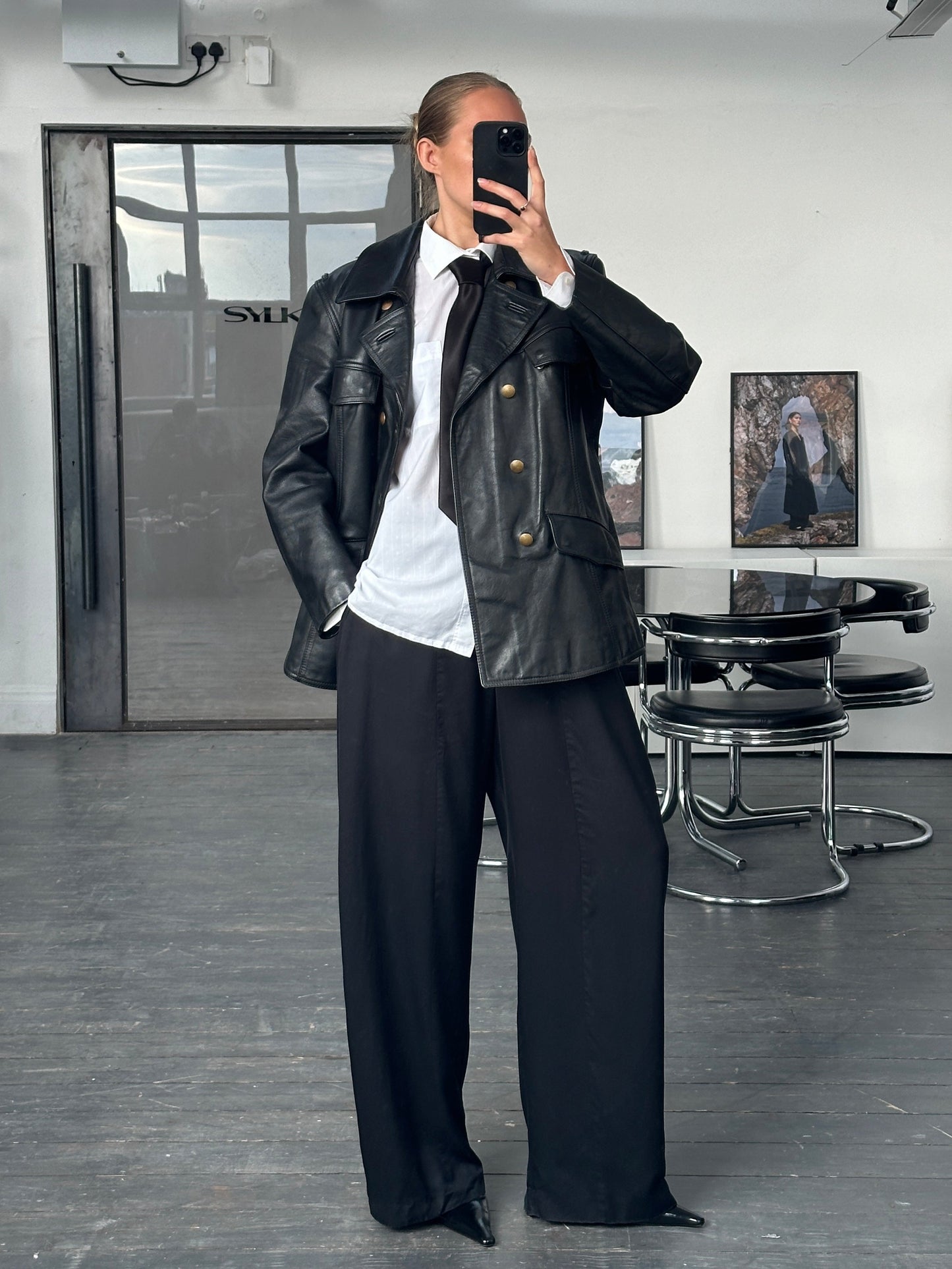 Vintage 1980s Double Breasted Military Leather Jacket - M/L