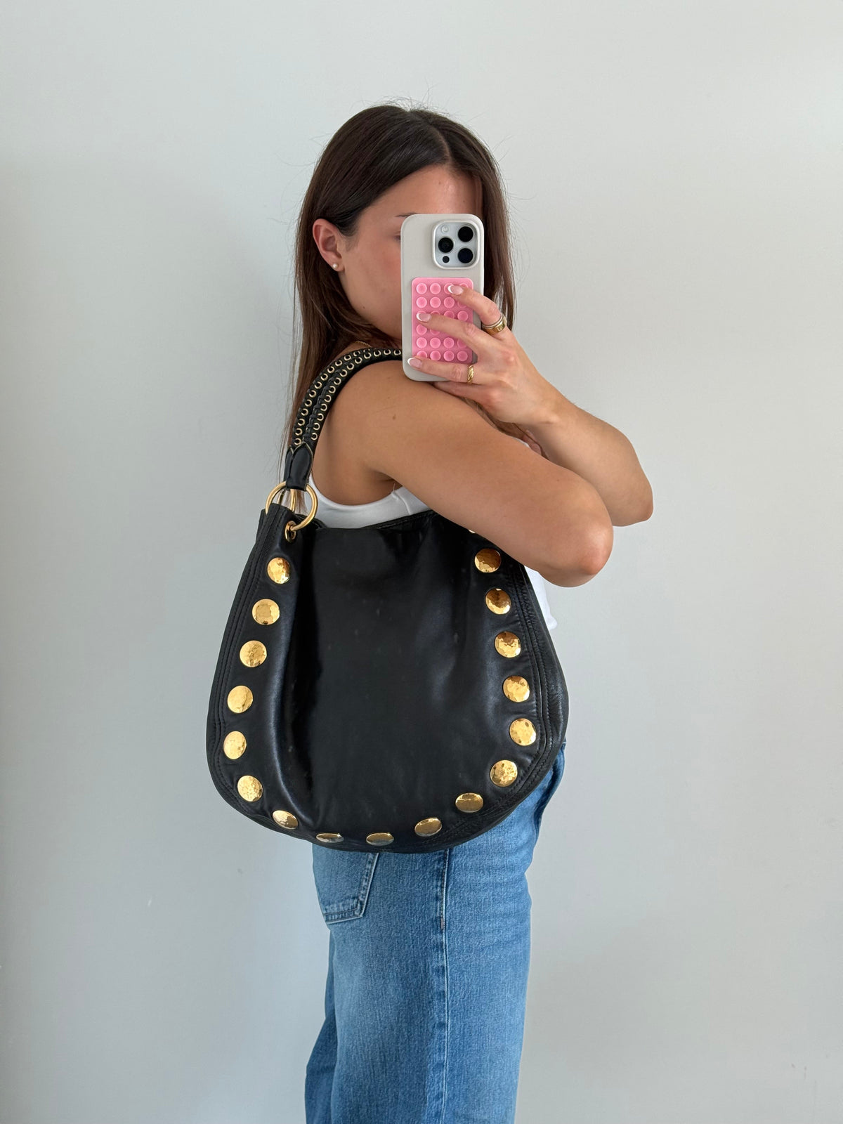 2010s Miu Miu Black Leather Studded Bucket Bag | O/S, Multicoloured