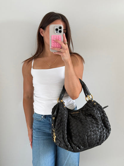 2010s Miu Miu Black Woven Leather Handbag | O/S, Multicoloured