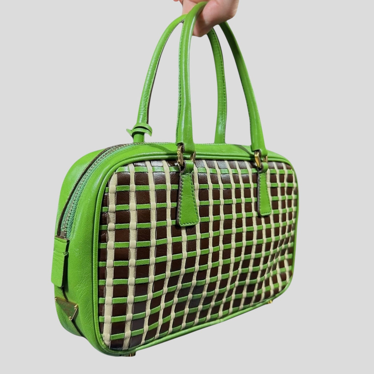 Prada 2001 Mini Top Handle Leather Woven Bag + Cards & Dustbag | O/S, Green