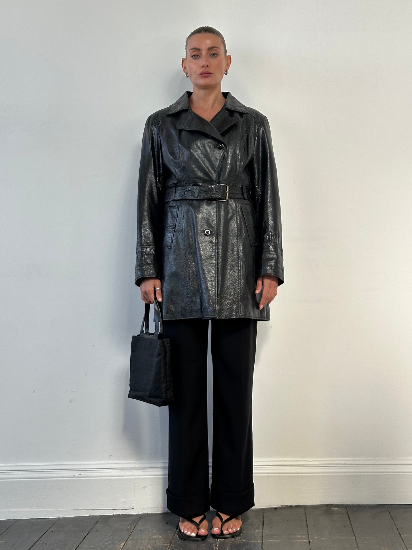 Conbipel Leather Belted Trench Coat - M