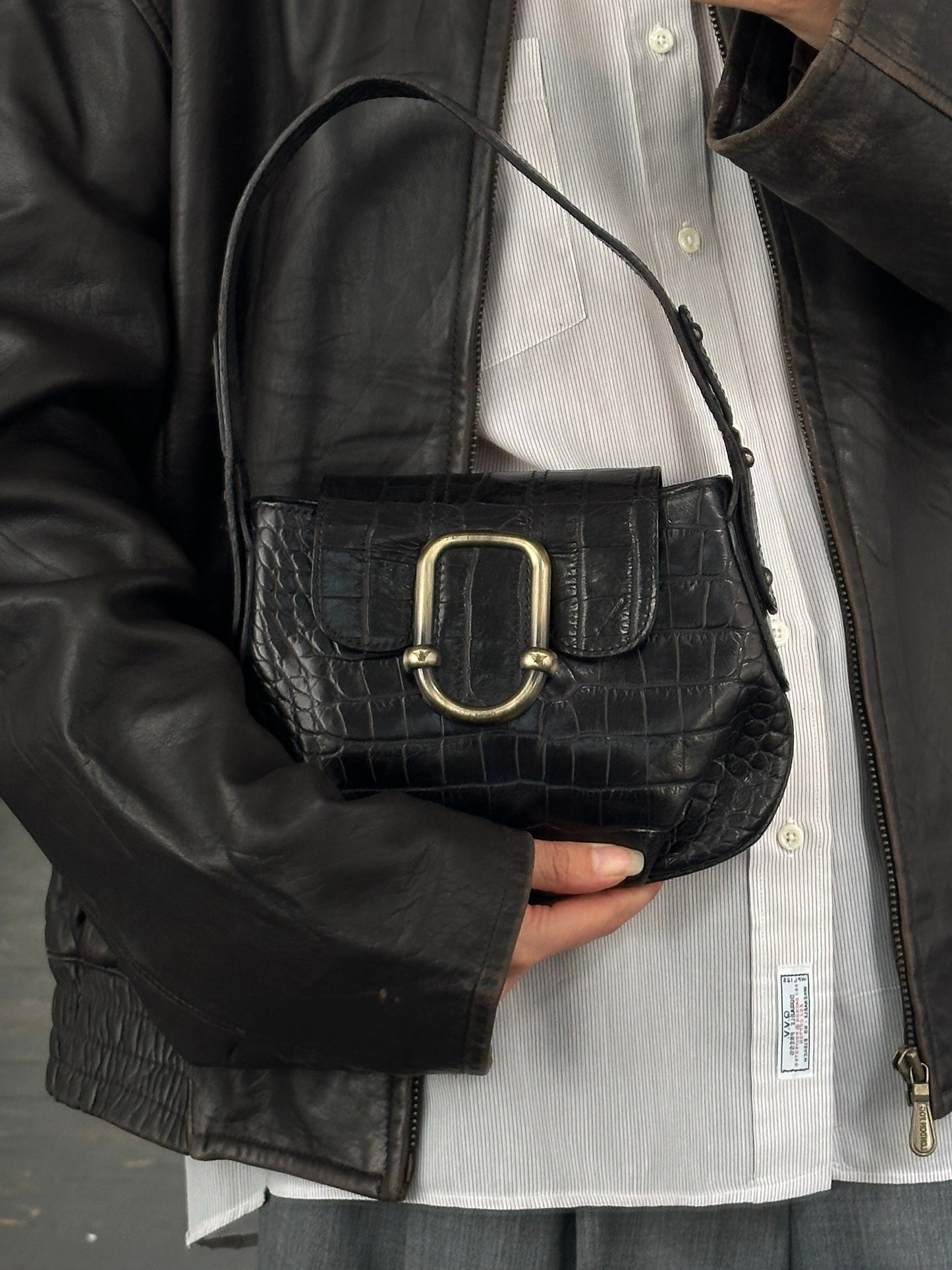 Emporio Armani 1990s Hardware Croc Leather Shoulder Bag