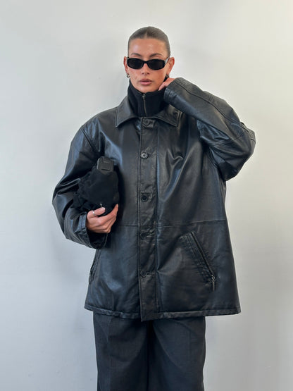 Vintage 1990s Funnel Neck Leather Jacket - XXL