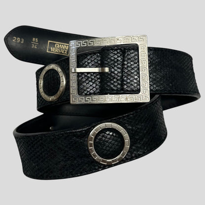 Gianni Versace 90’s Snakeskin Leather Greek Key Belt | O/S, Black