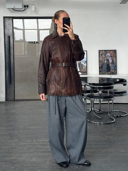 Vintage 1990s Aged Double Zip Belted Leather Jacket - L