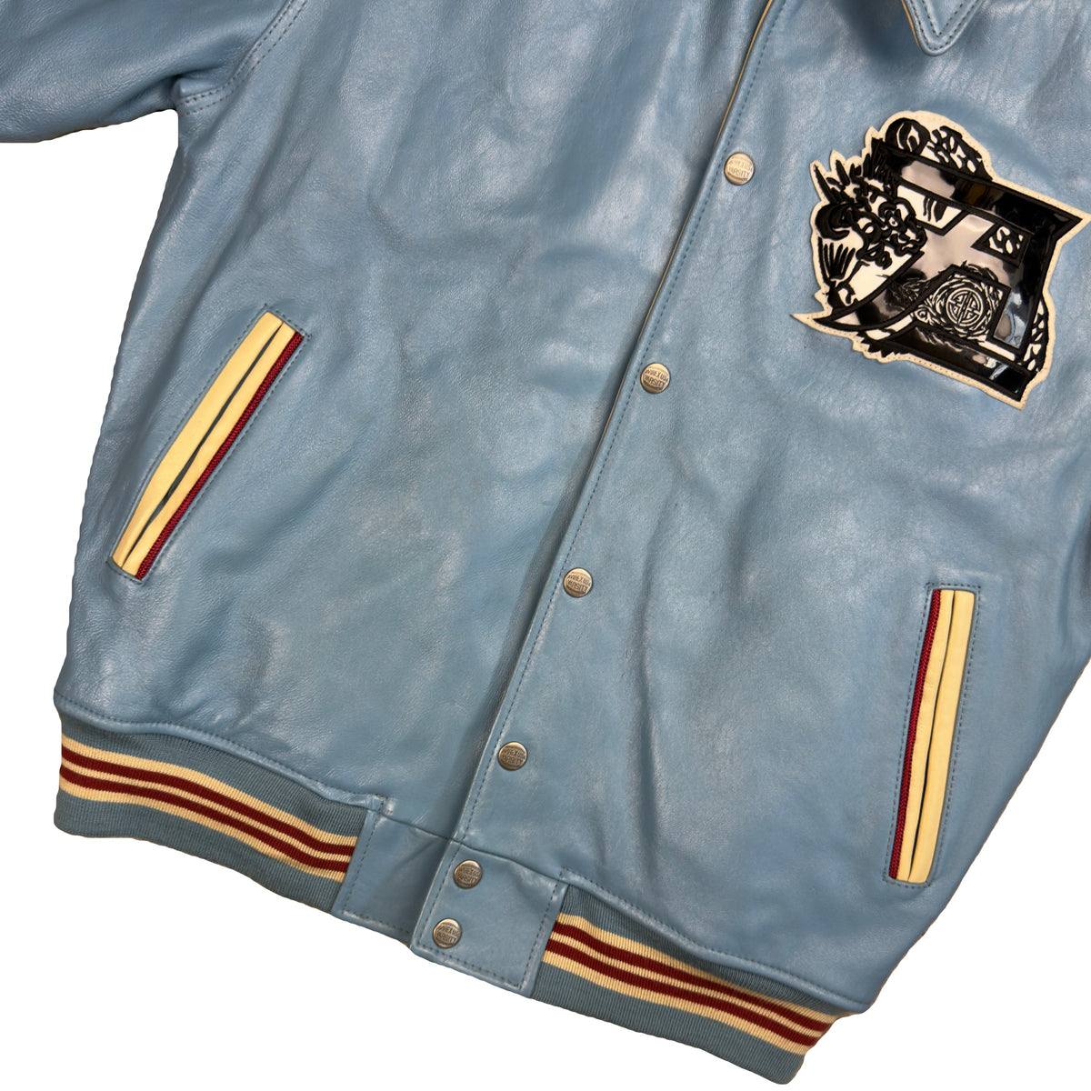 Avirex Dragons Leather Jacket In Blue & Beige (L) | Large, Beige