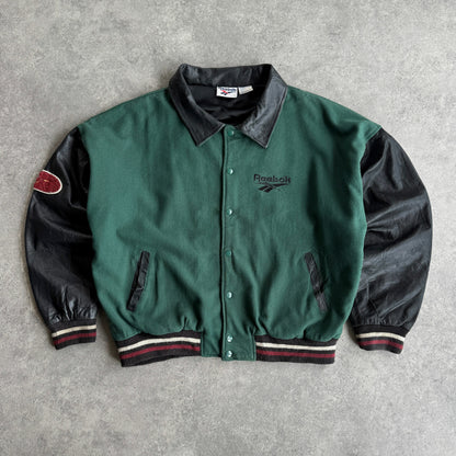 Reebok RARE 1990s heavyweight spellout leather varsity jacket (XL)