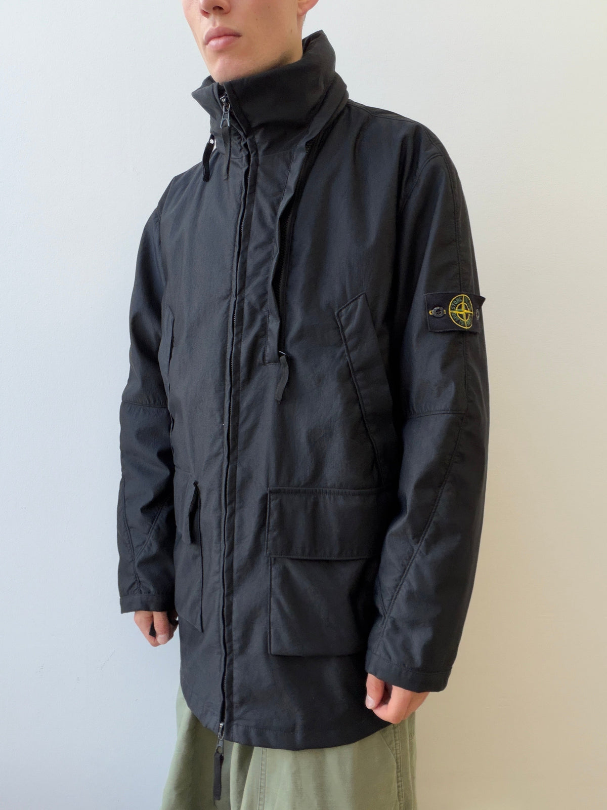 Stone Island AW00 Nylam Dutch Rope Liner Asymmetrical Overcoat | XX-Large, Black