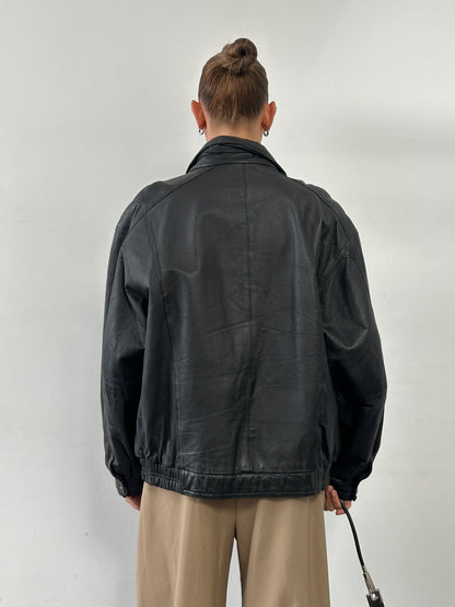 Vintage High Neck Leather Bomber Jacket - XL