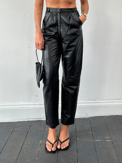 Italian Vintage High Waisted Tapered Leg Leather Trousers - W26