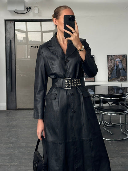 Vintage 1990s Floor Length Leather Trench Coat - S/M