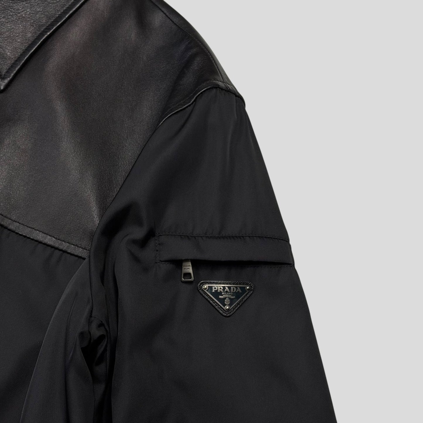 Prada 2013 Triangle Logo Gabardine Nylon & Leather Blouson Jacket - L/XL | O/S, Black