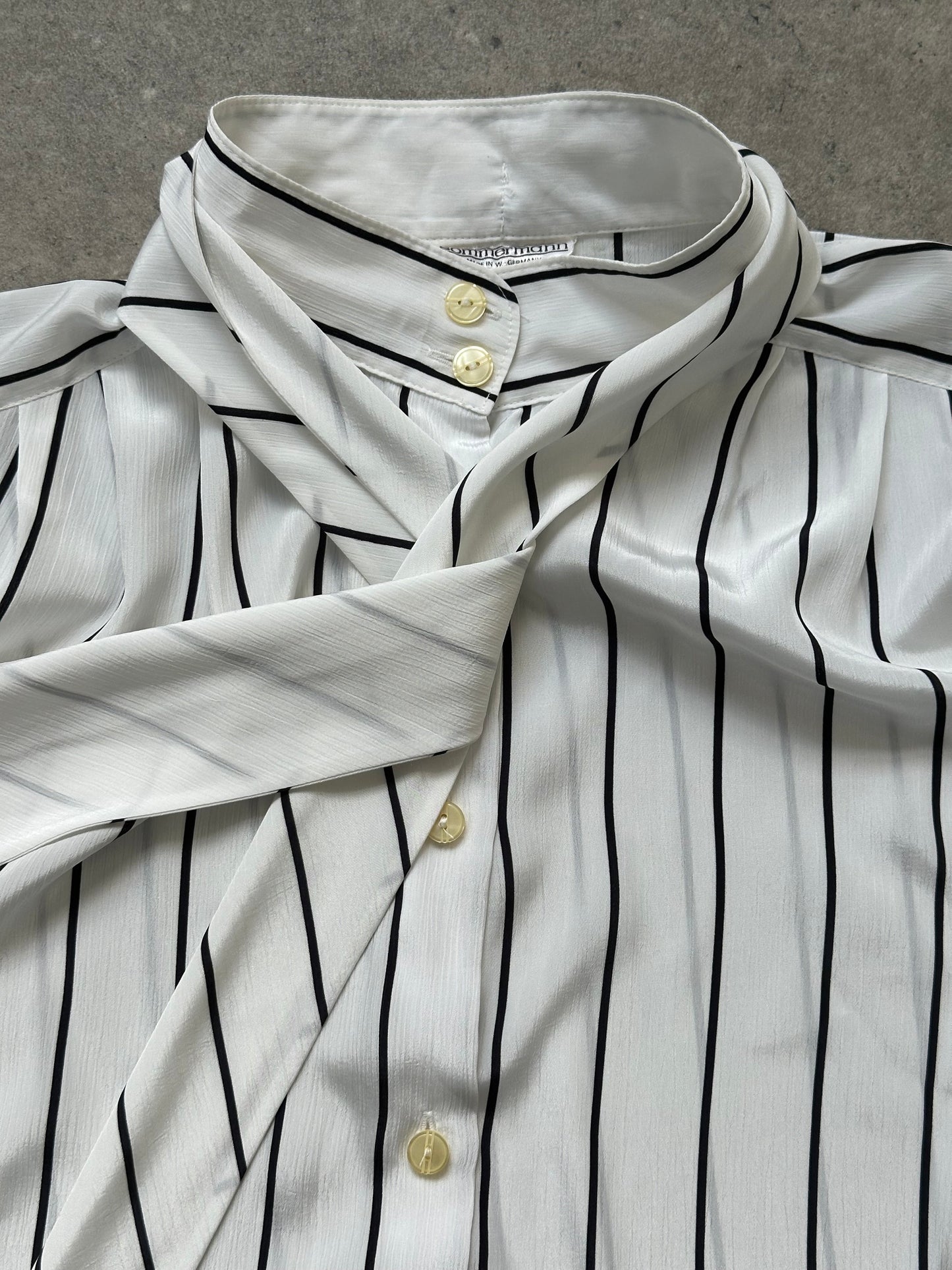 Vintage 1980s Sheer Stripe Tie Neck Shirt - M