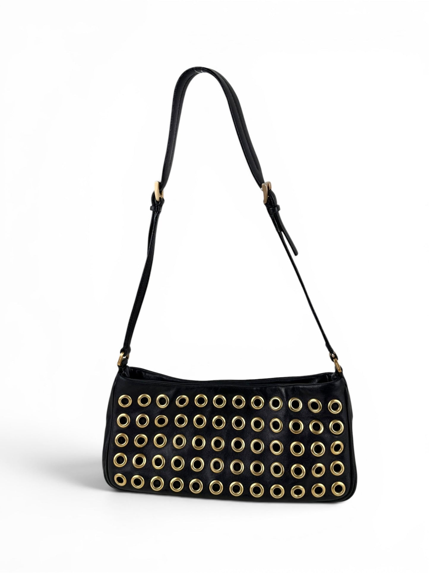 2000s Prada Black Leather Grommet Shoulder Bag | O/S, Black