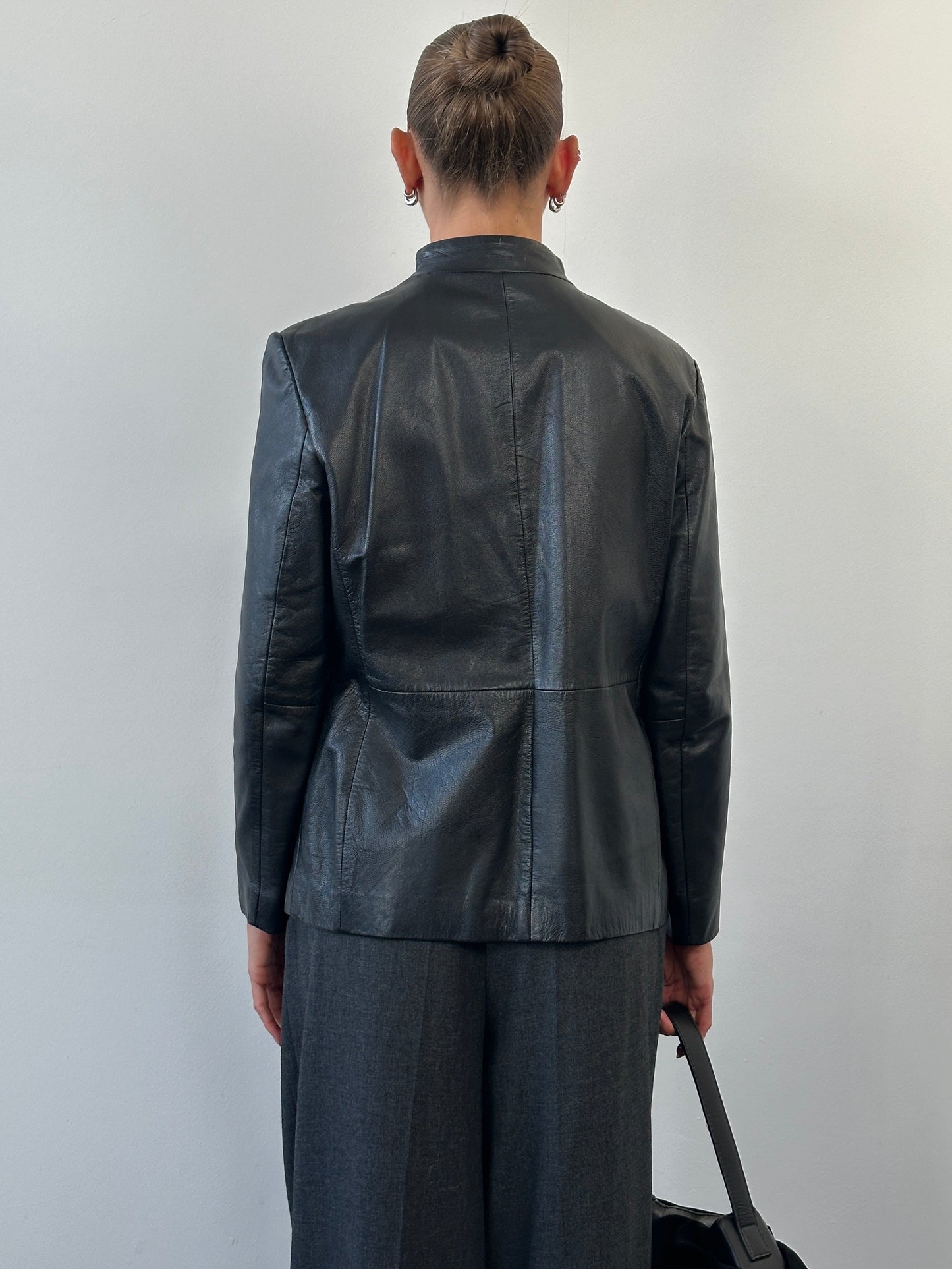 Vintage 1990s Minimal Round Neck Leather Jacket - M