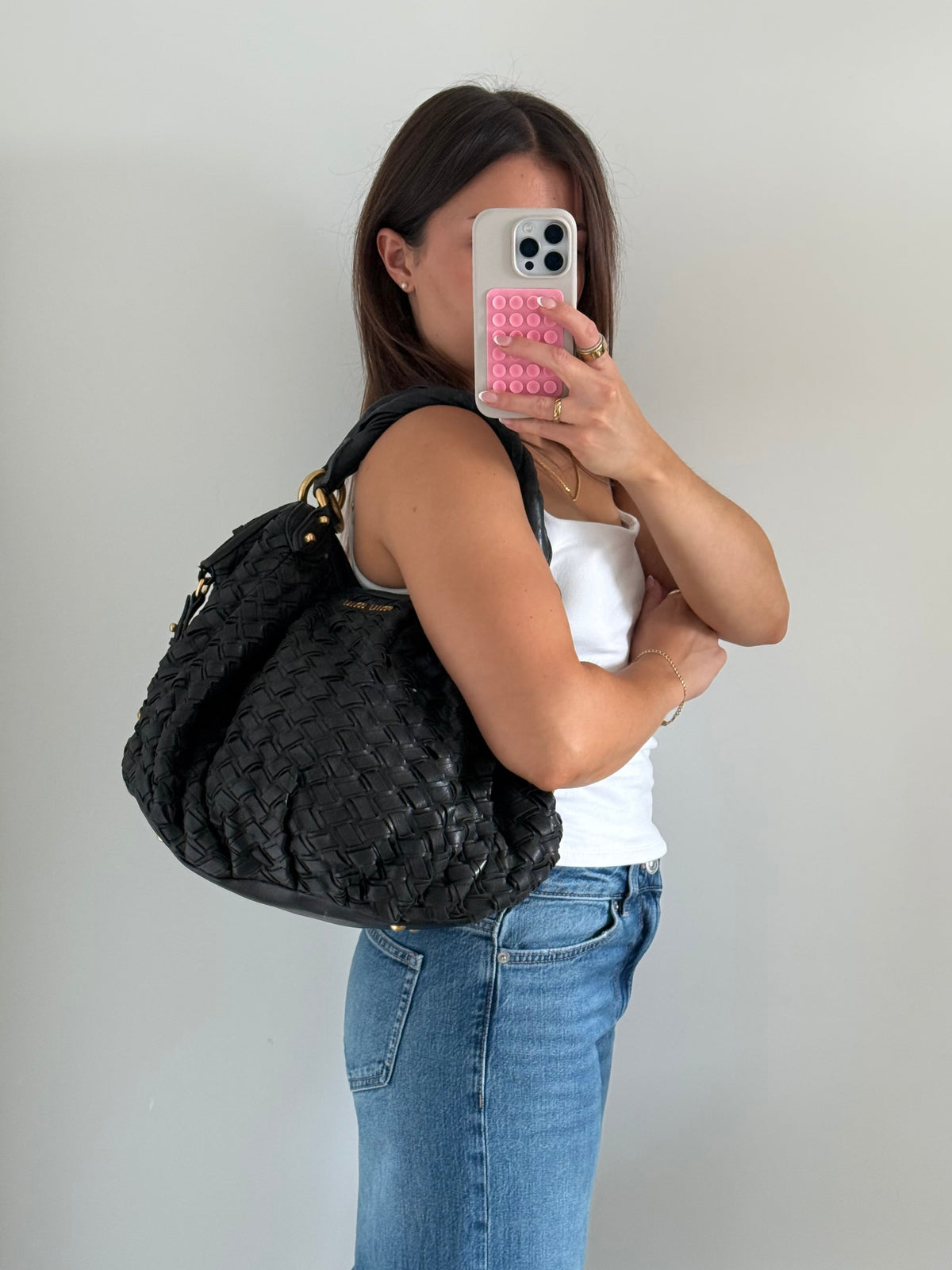 2010s Miu Miu Black Woven Leather Handbag | O/S, Multicoloured