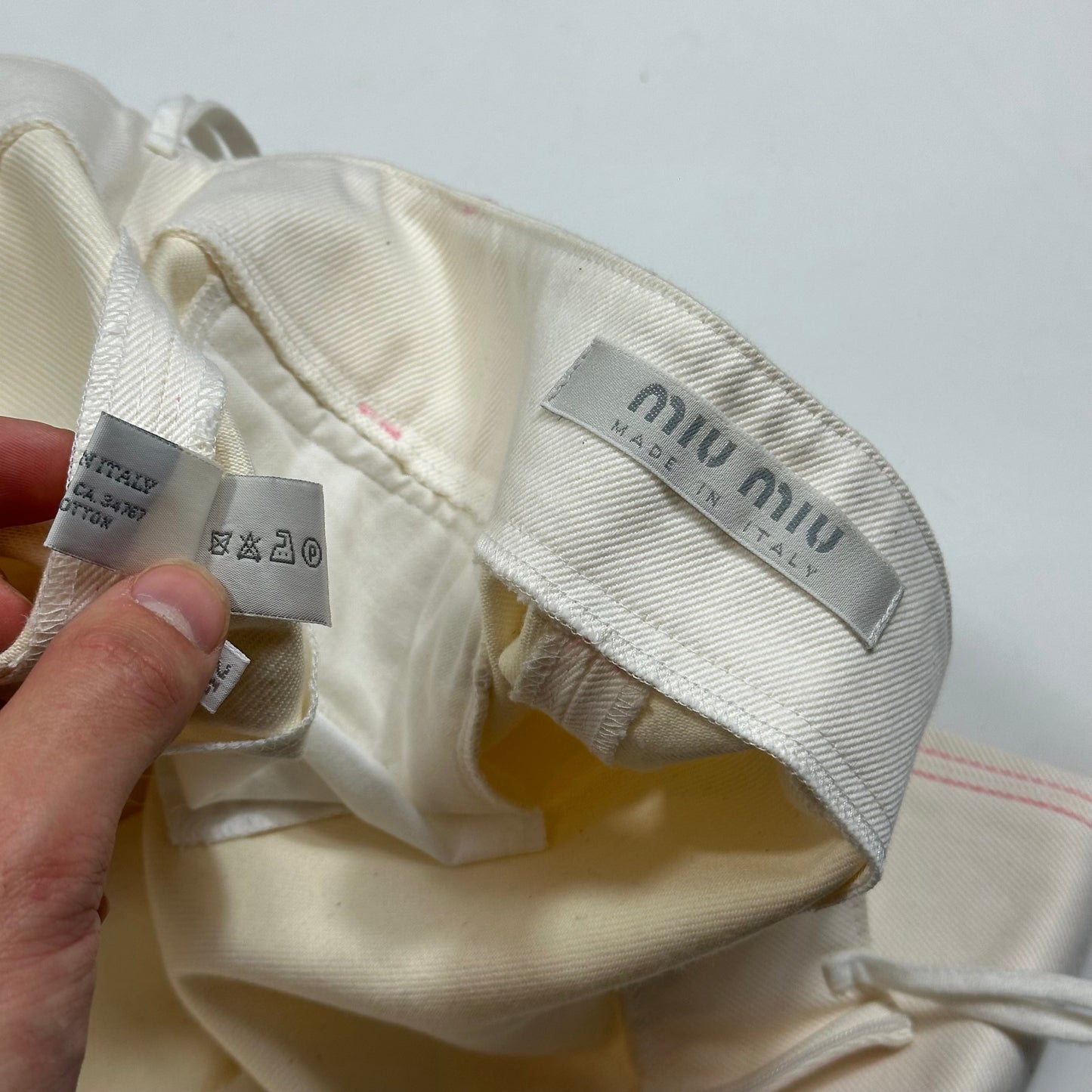 Miu Miu SS00 White and Pink Contrast Stitch Zip-off Bell Trousers - IT42 | Default Title, Pink