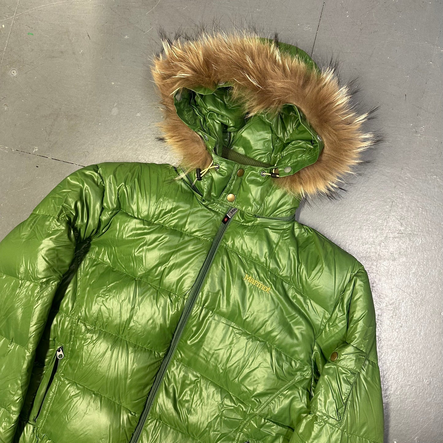 Marmot Puffer Jacket With Fur Hood In Green (XL) | XL, Green