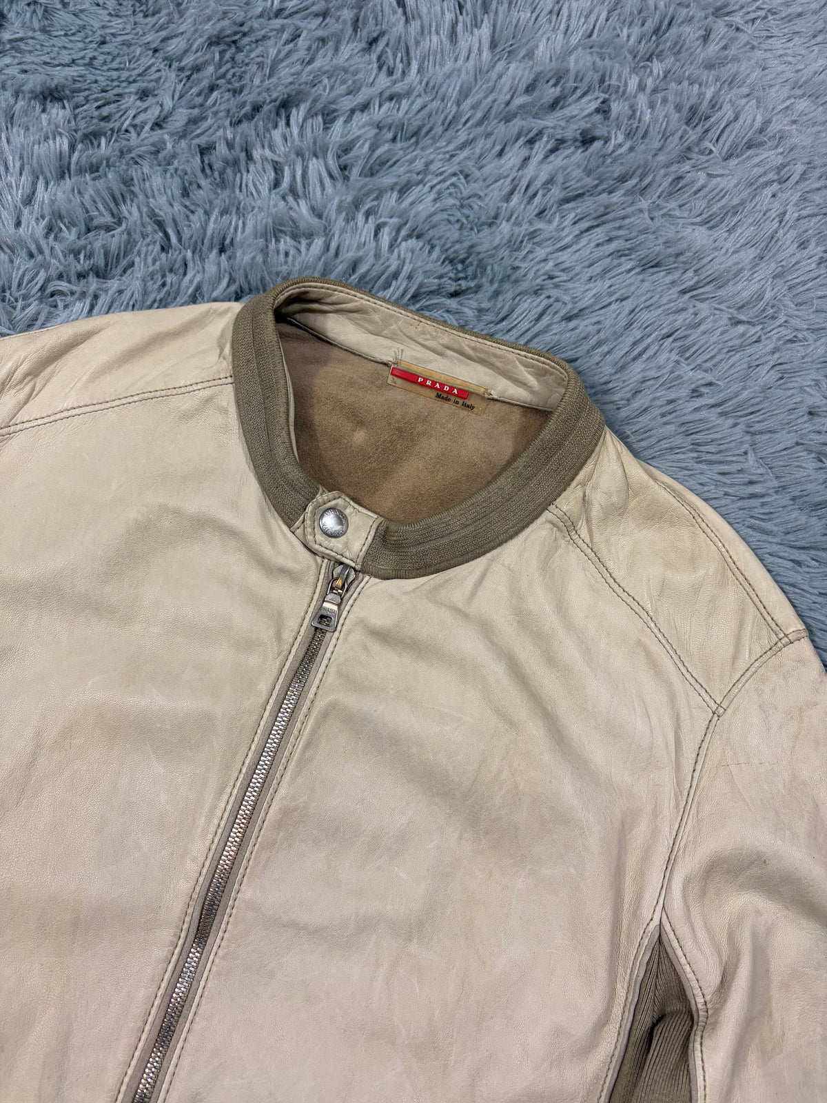 Prada Sport 2004 Cream Leather + Cotton Panelled Biker Jacket - M | O/S, Multicoloured