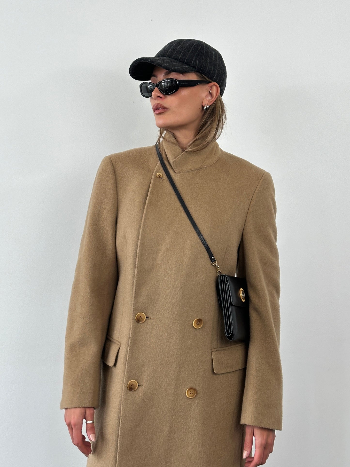 Vintage 1990s Wool Double Breasted High Neck Coat - L