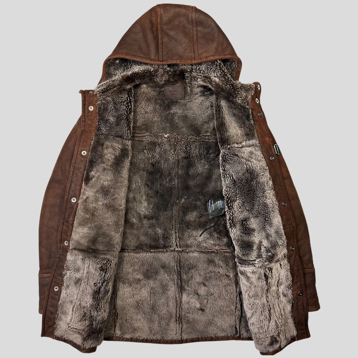 Prada Milano 2010 Sheepskin Fur & Leather Strap Hooded Coat - IT50 | O/S, Brown