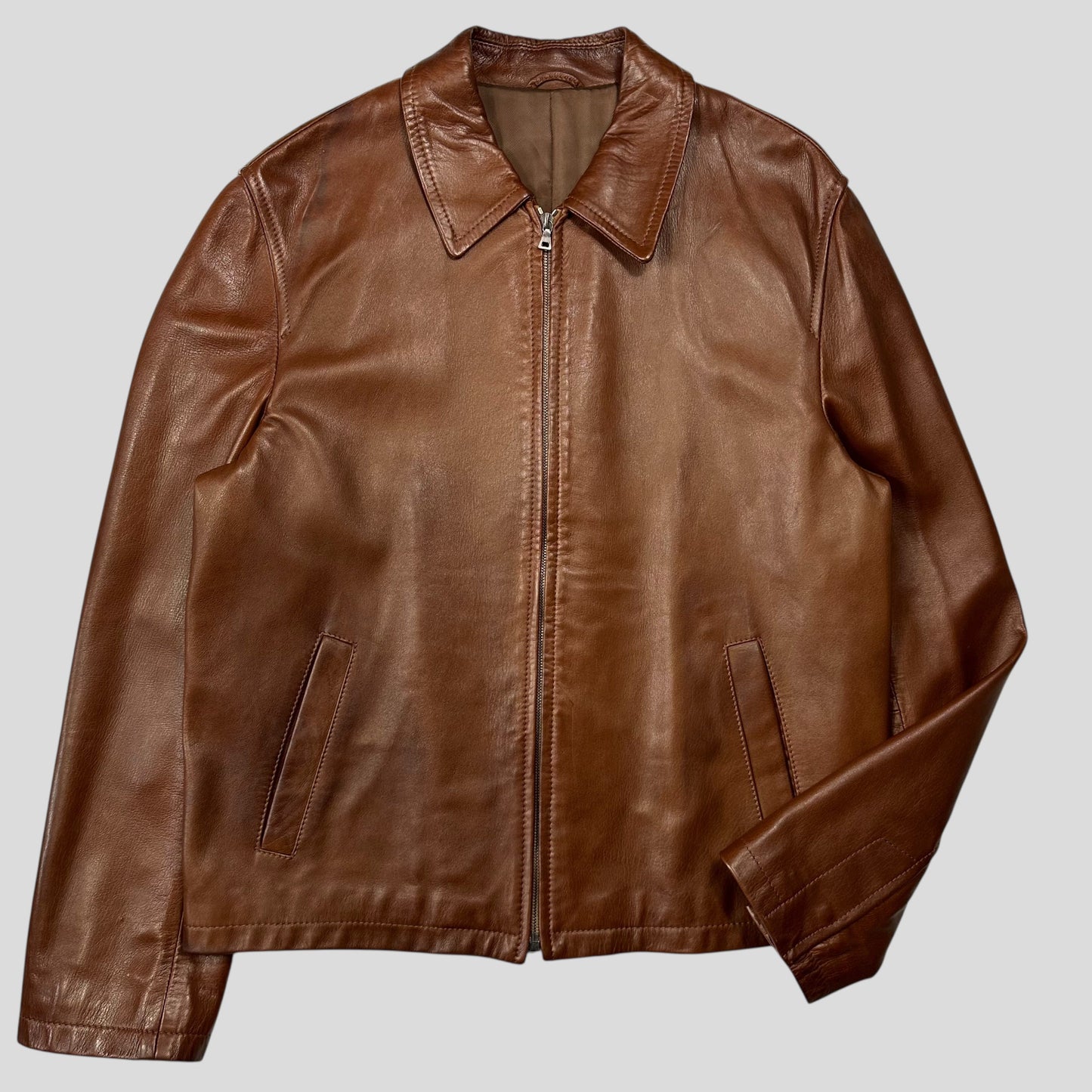 Prada Milano FW98 Whiskey Leather Nylon Lined Zip Work Jacket - IT50 | Default Title, Brown