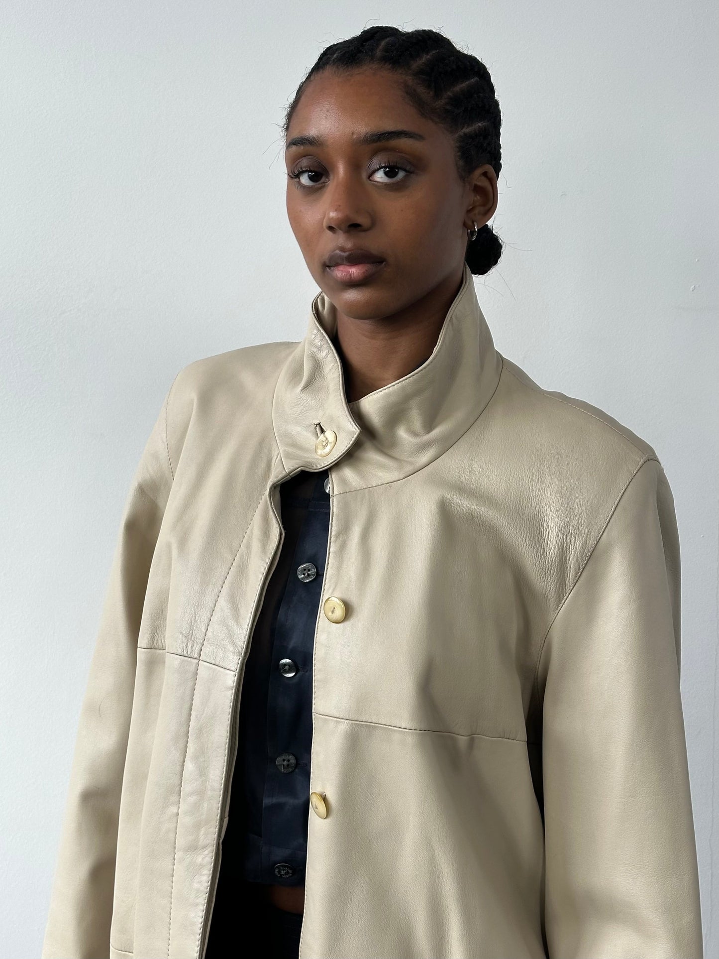 Vintage 1990s High Neck Leather Trench Coat - M/L