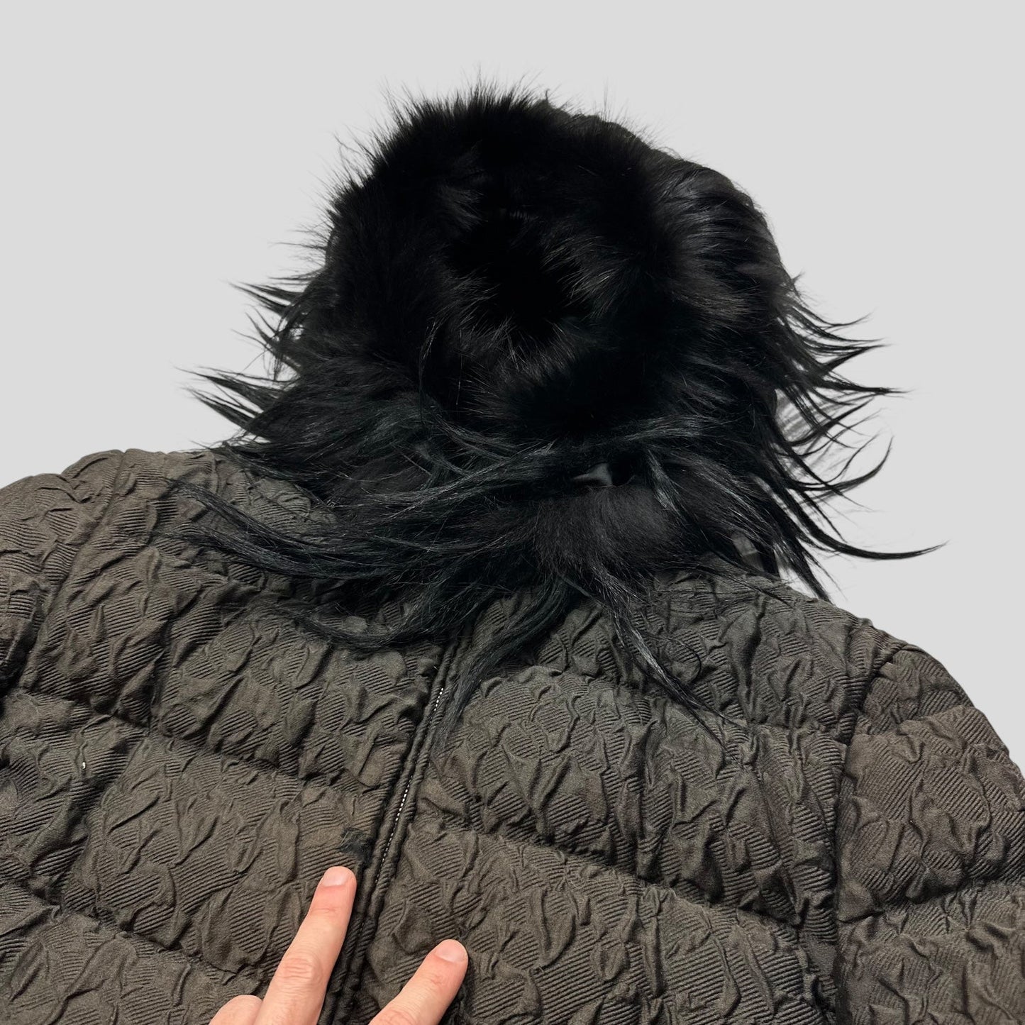 Prada 2014 Extreme Fur Hooded Silk & Wool Textured Puffer Jacket - IT44 (S) | Default Title, Blue