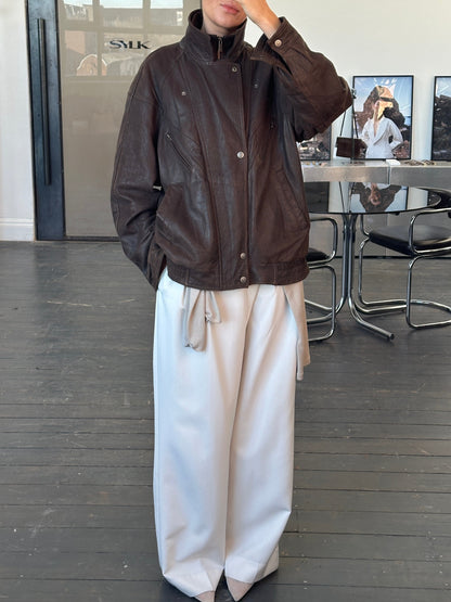 Vintage 1990s High Neck Bomber Leather Jacket - XL