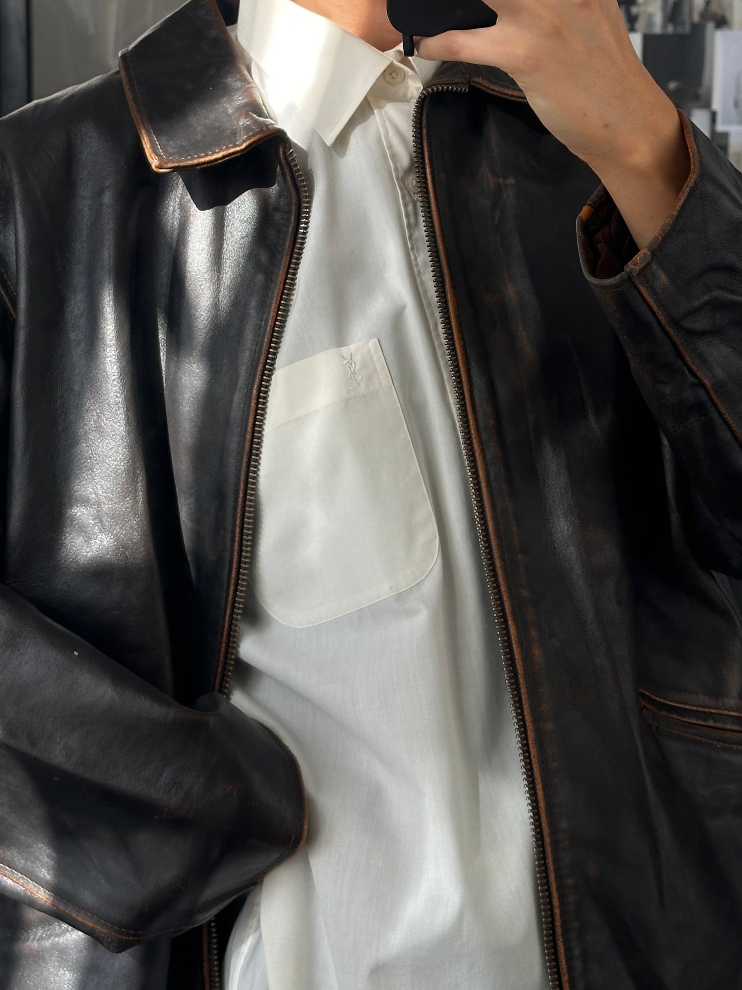 Italian Vintage 1990s Distressed Leather Jacket - L/XL