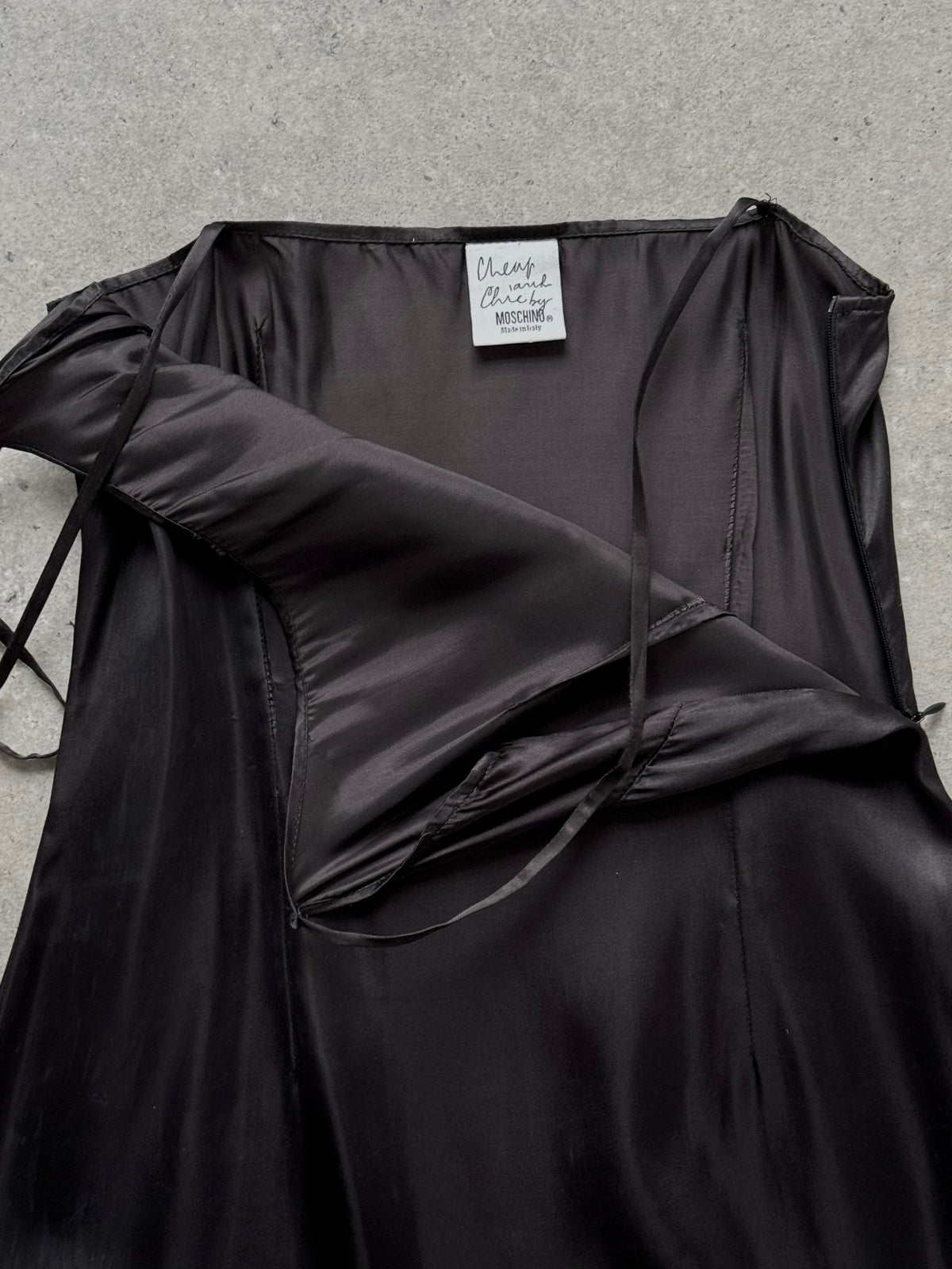 Moschino 1990s Cheap & Chic satin maxi dress in S/M, featuring a flowing silhouette and elegant fabric for a stylish look.