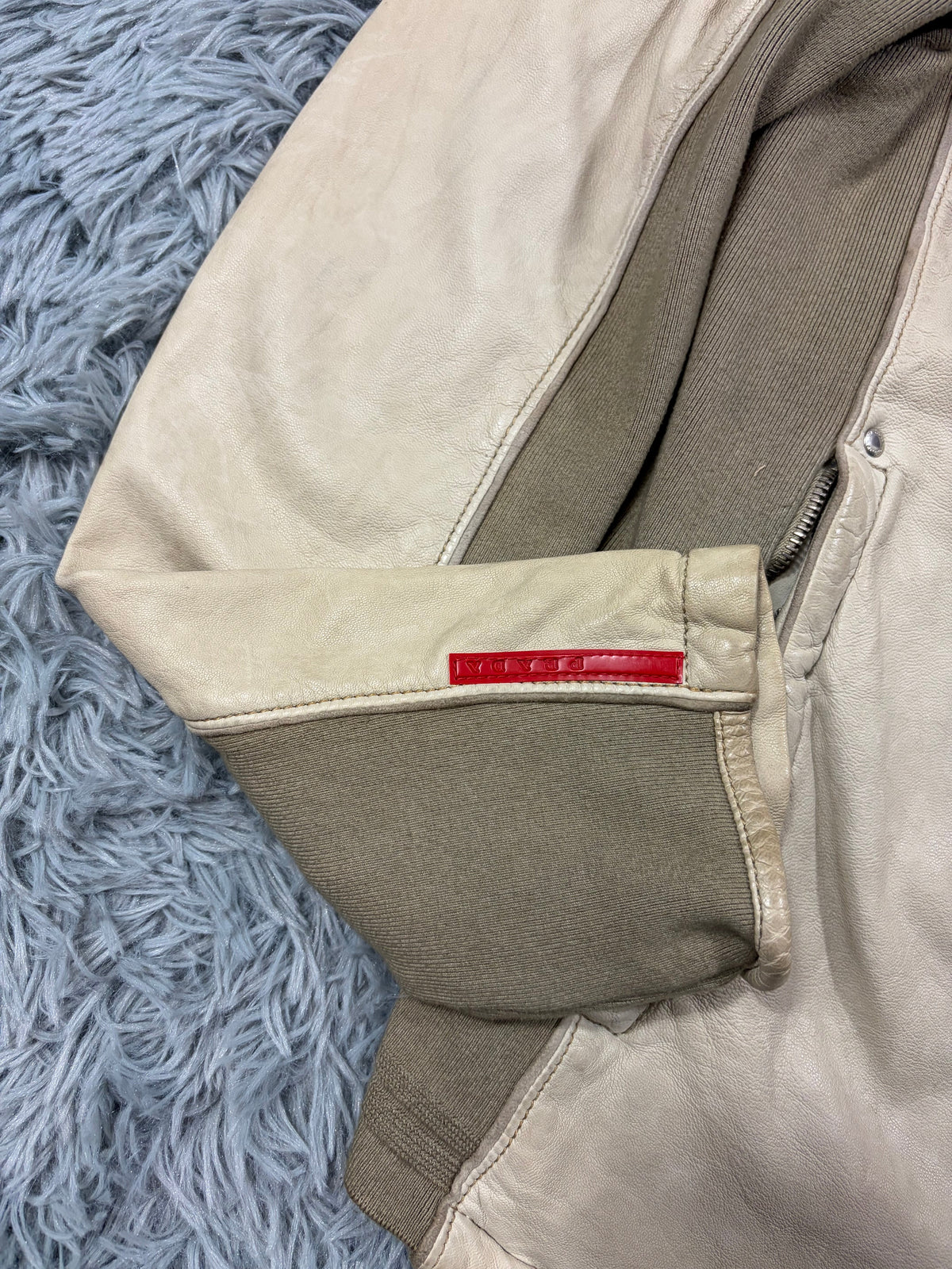 Prada Sport 2004 Cream Leather + Cotton Panelled Biker Jacket - M | O/S, Multicoloured