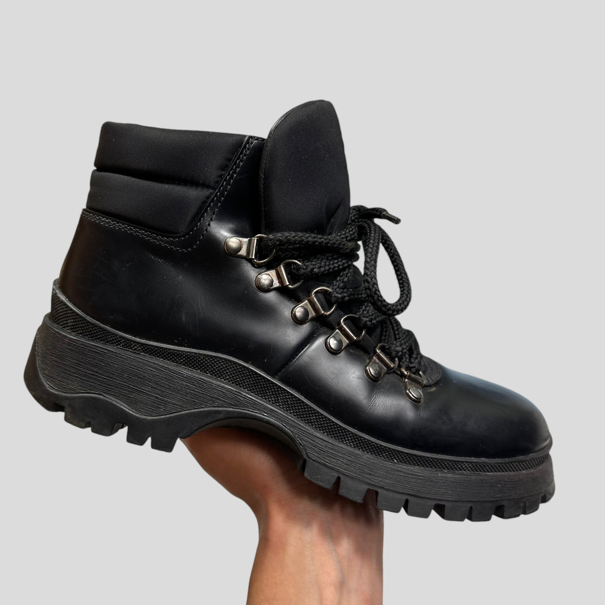 Prada Milano 90’s Leather + Nylon Combat Boots - UK4 | Black