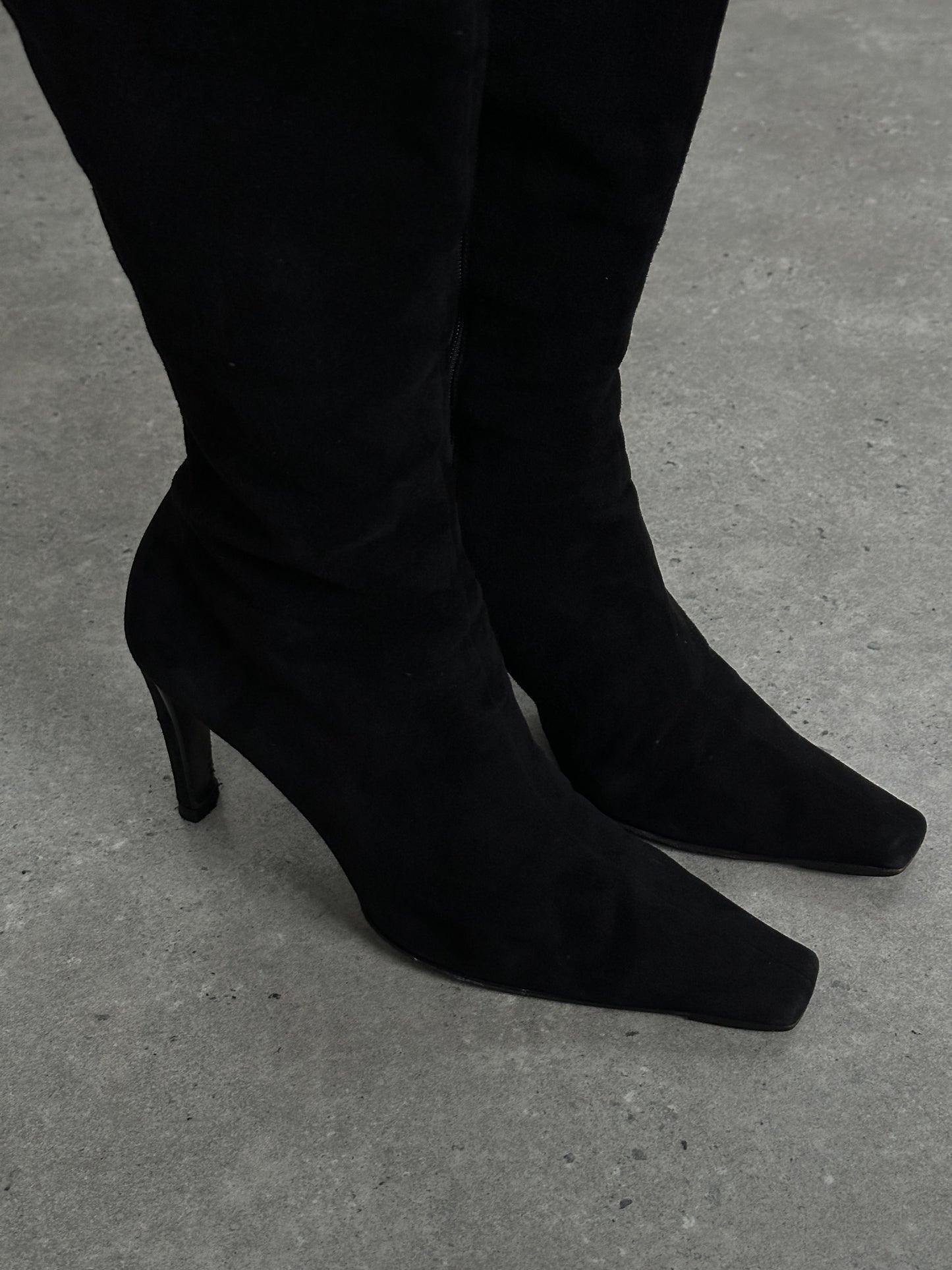 Prada 2000s suede square toe heeled knee boots in UK 7.5, featuring sleek design and stylish high heels.