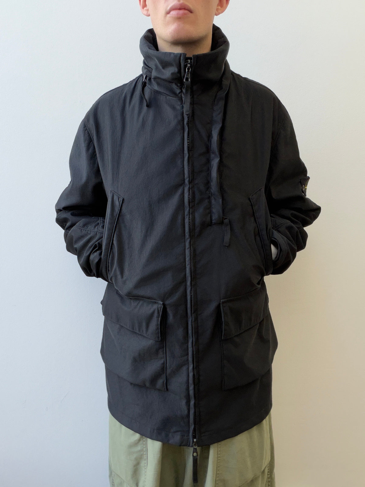 Stone Island AW00 Nylam Dutch Rope Liner Asymmetrical Overcoat | XX-Large, Black
