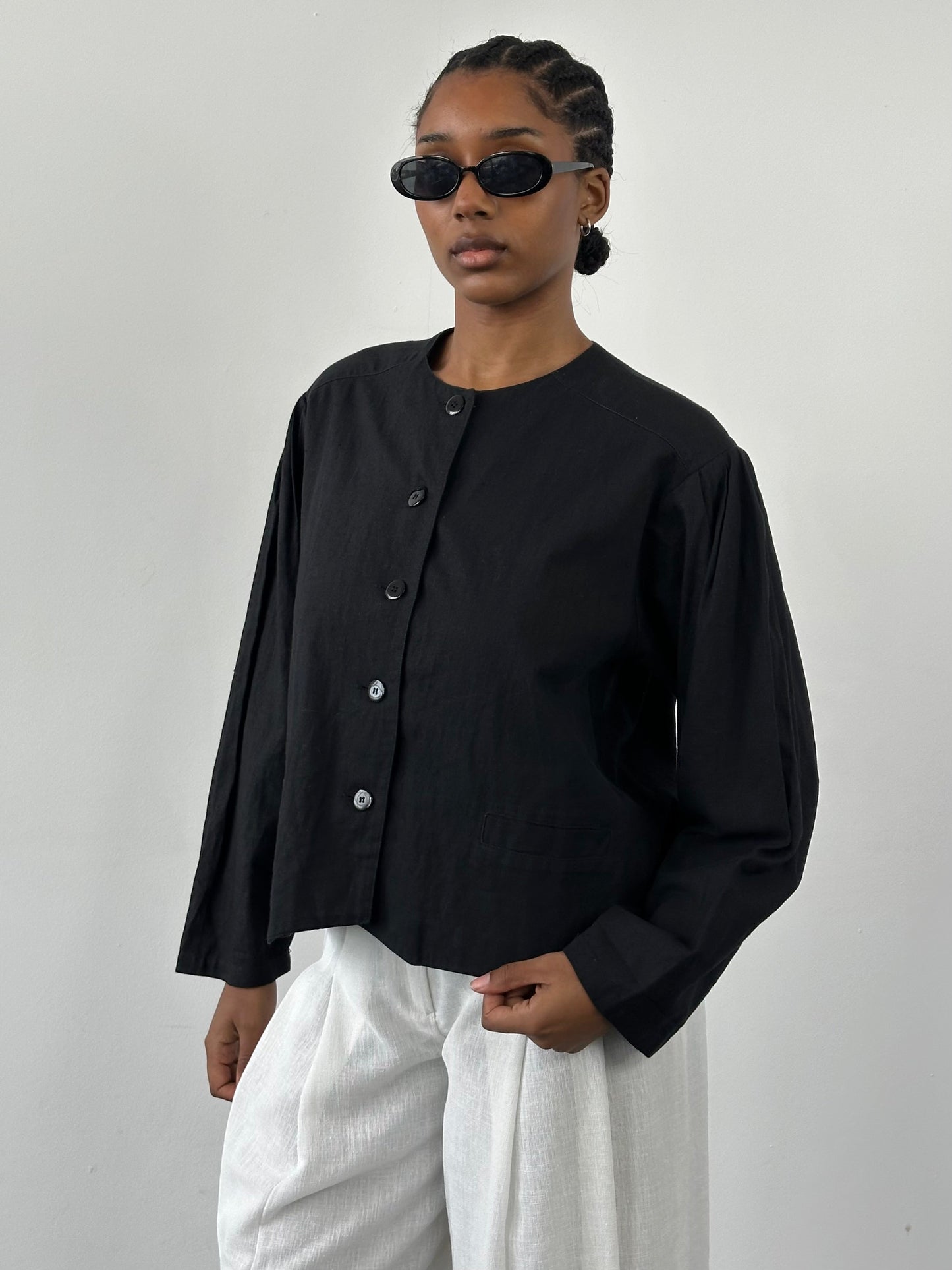Vintage 1990s Linen Cotton Boxy Crop Jacket – M